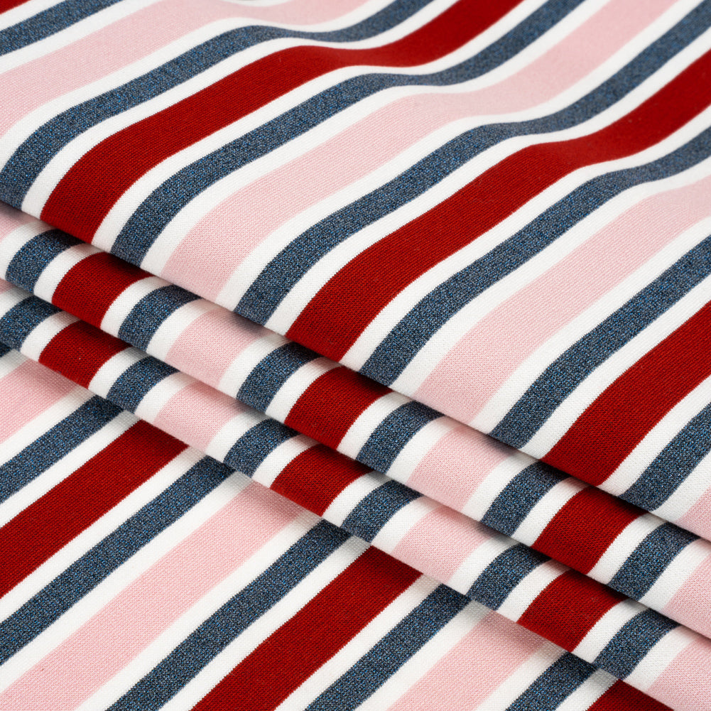 Oscar De La Renta Pink, Red and Metallic Blue Striped Stretch Interlock Knit Folded