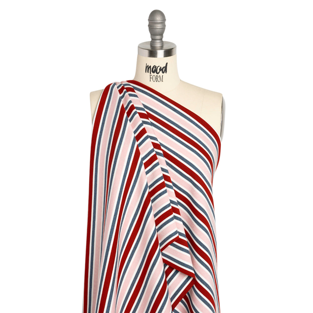 Oscar De La Renta Pink, Red and Metallic Blue Striped Stretch Interlock Knit Drape