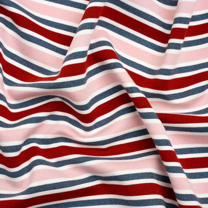 Oscar De La Renta Pink, Red and Metallic Blue Striped Stretch Interlock Knit