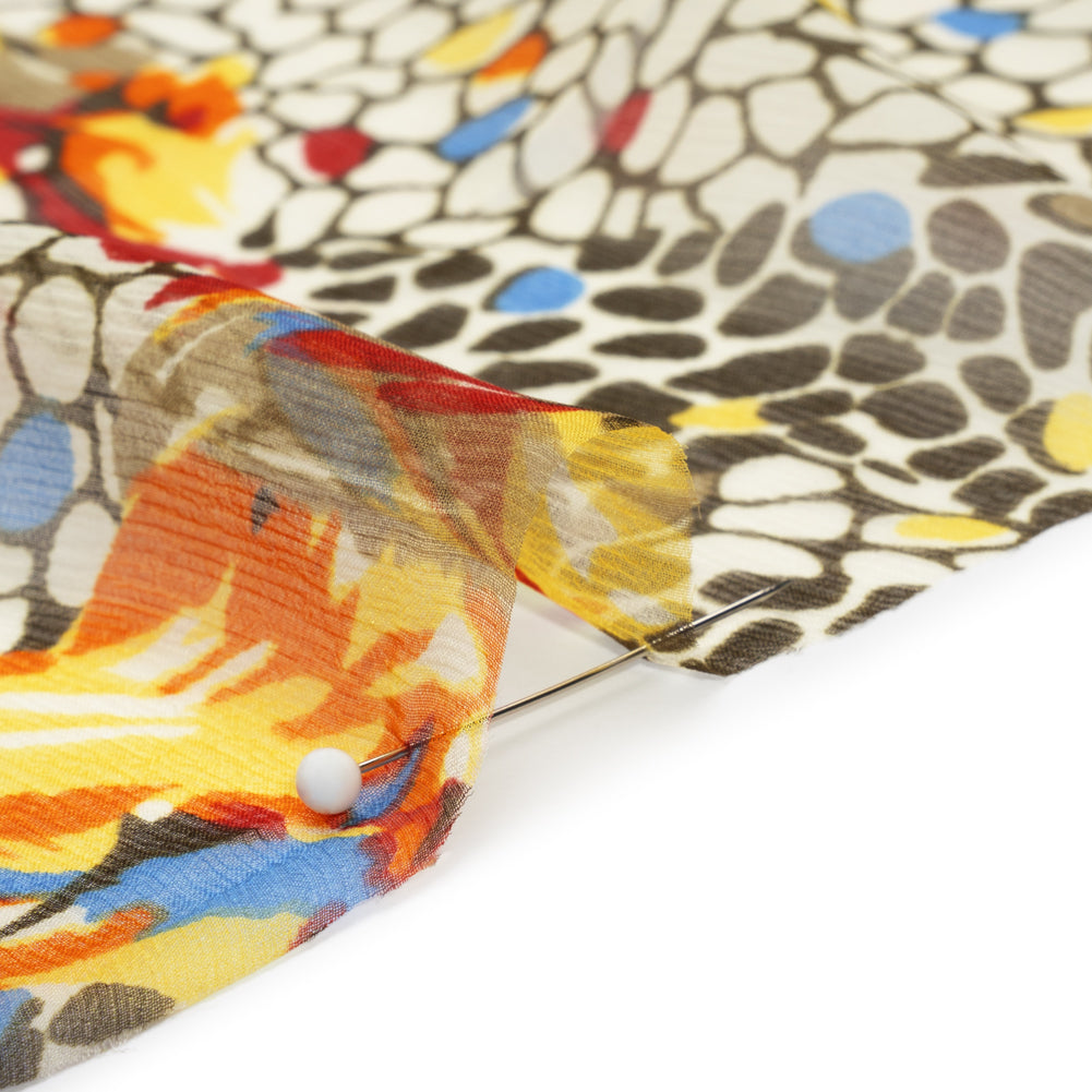 Brown, Yellow and Blue Abstract Crinkled Silk Chiffon Folded