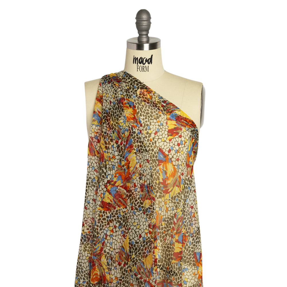 Brown, Yellow and Blue Abstract Crinkled Silk Chiffon Detail