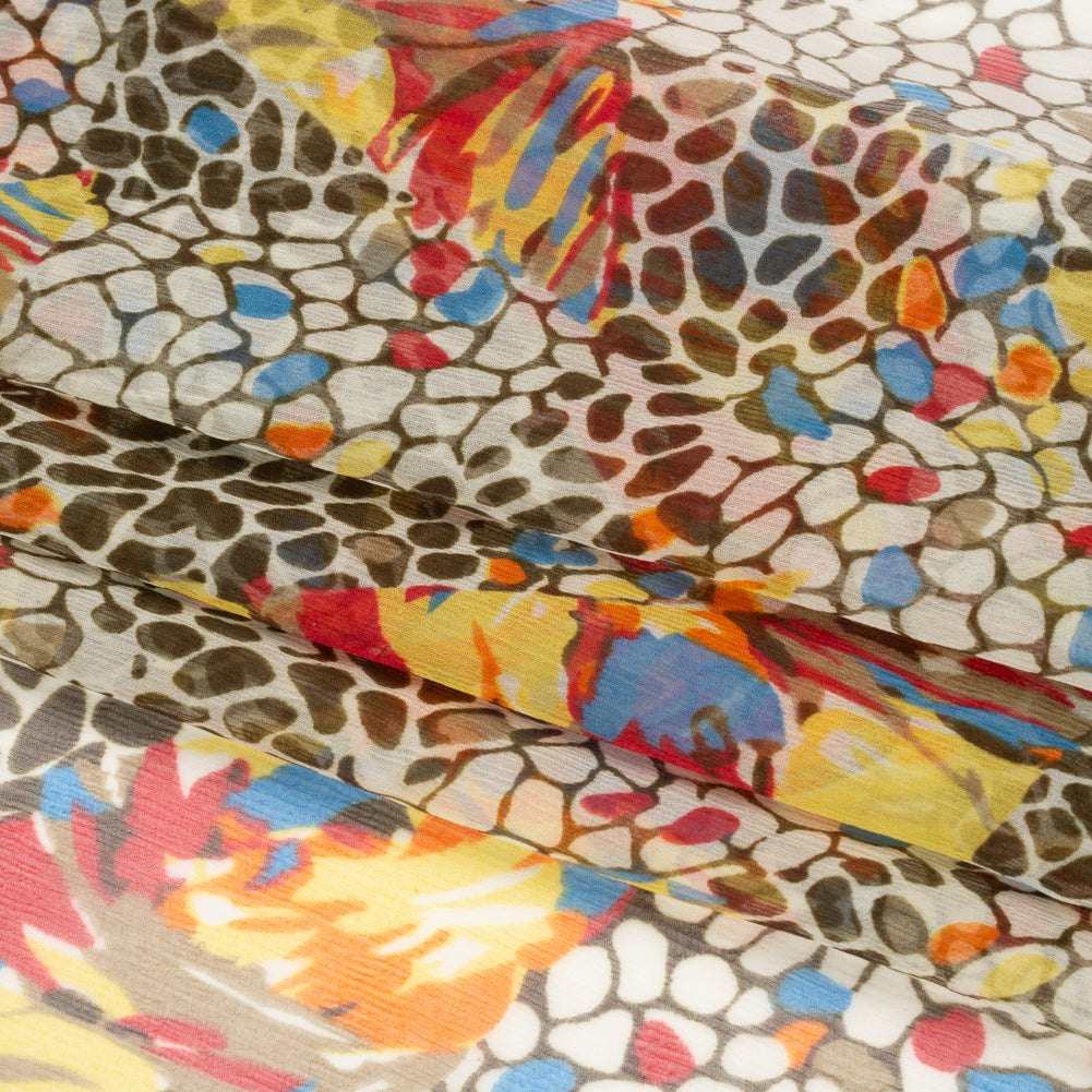 Brown, Yellow and Blue Abstract Crinkled Silk Chiffon Full