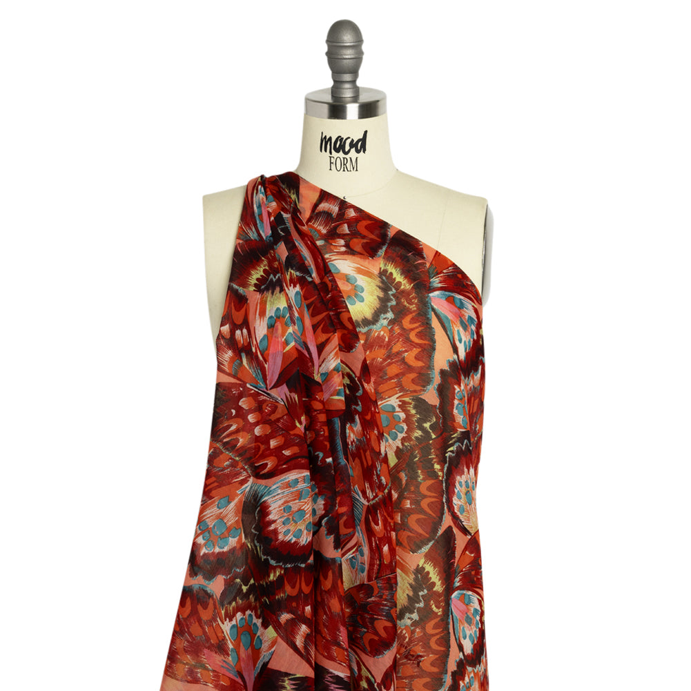 Silk and Cotton Voile - Red, Pink and Turquoise Butterfly Wings Detail