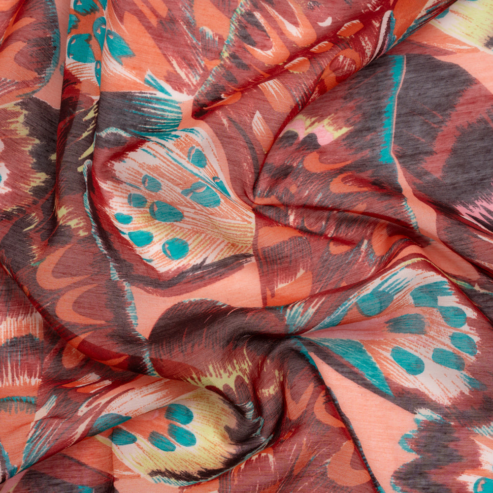 Silk and Cotton Voile - Red, Pink and Turquoise Butterfly Wings