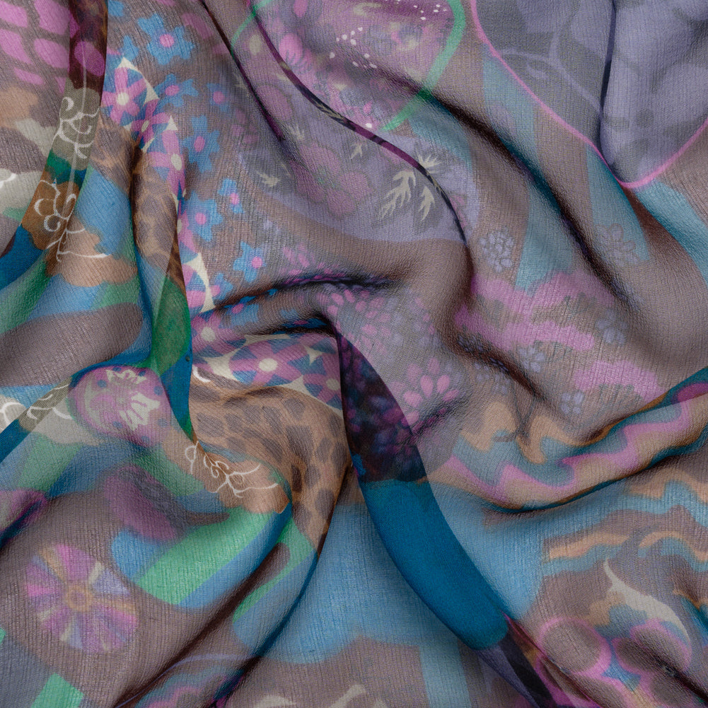 Purple, Blue and Brown Garden Patches Silk Chiffon