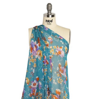 Teal, Orange and Purple Floral Silk Chiffon Detail