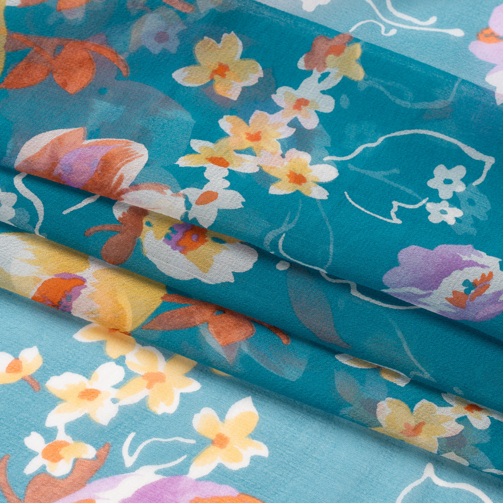 Teal, Orange and Purple Floral Silk Chiffon Full