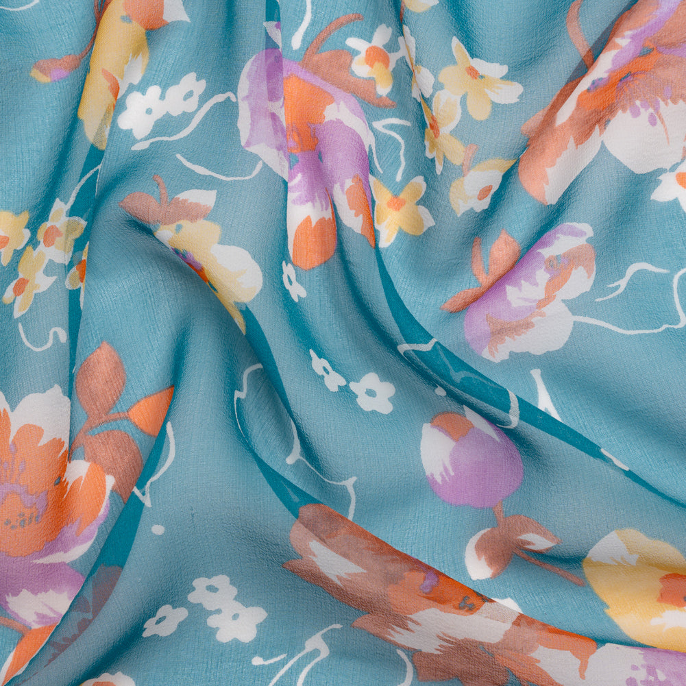 Teal, Orange and Purple Floral Silk Chiffon