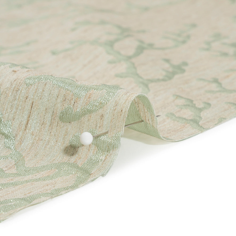 Luminous Sage Green and Heathered Beige Winter Trees Lightweight Polyester and Linen Brocade