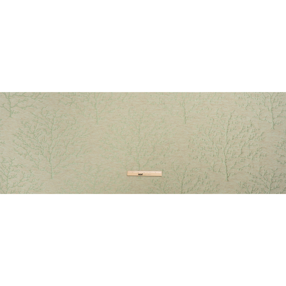 Luminous Sage Green and Heathered Beige Winter Trees Lightweight Polyester and Linen Brocade