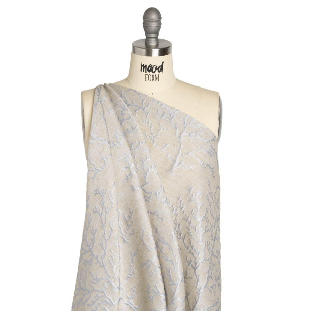 Luminous Baby Blue and Heathered Beige Winter Trees Lightweight Polyester and Linen Brocade - Drape