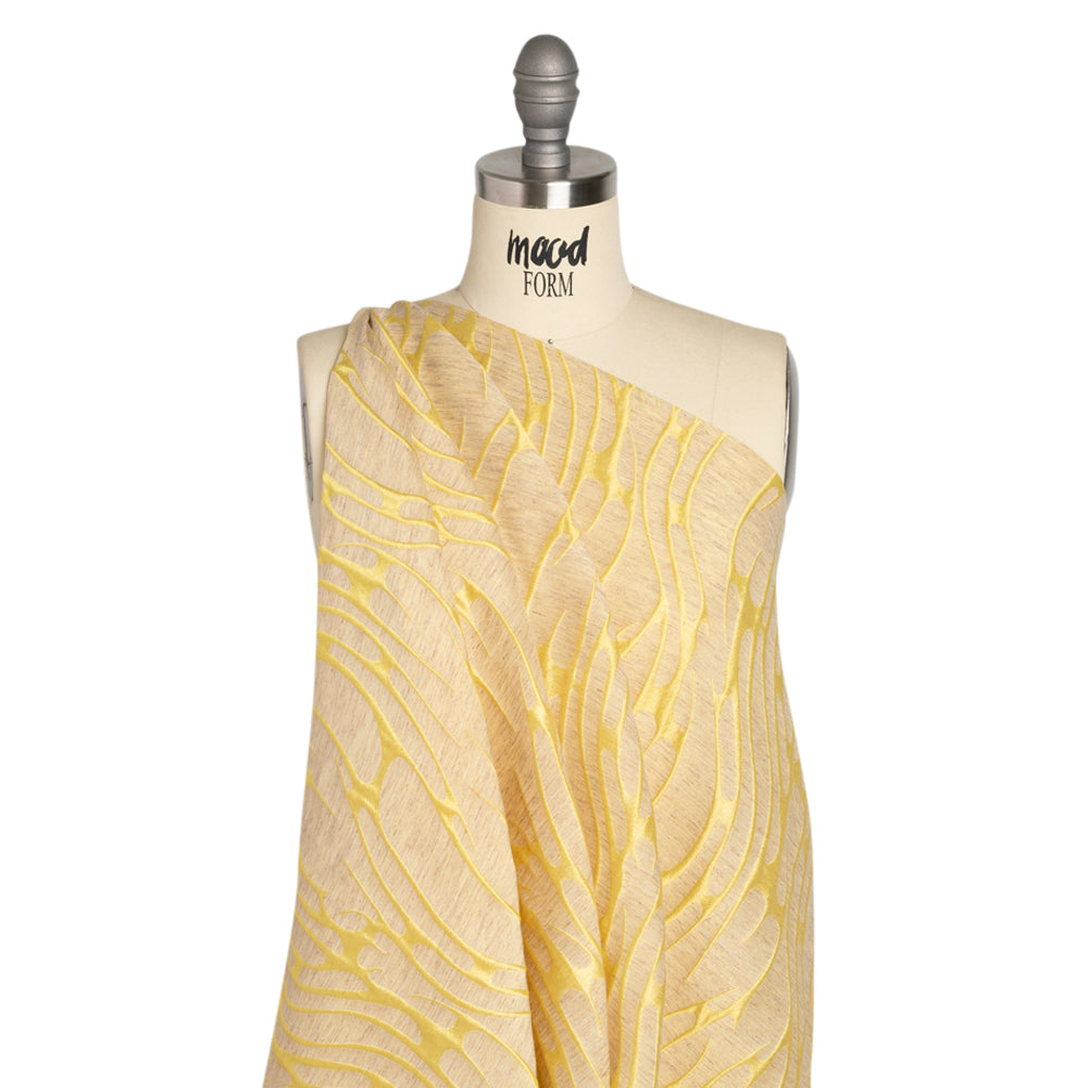 Luminous Yellow and Heathered Beige Ripples Lightweight Polyester and Linen Brocade - Drape