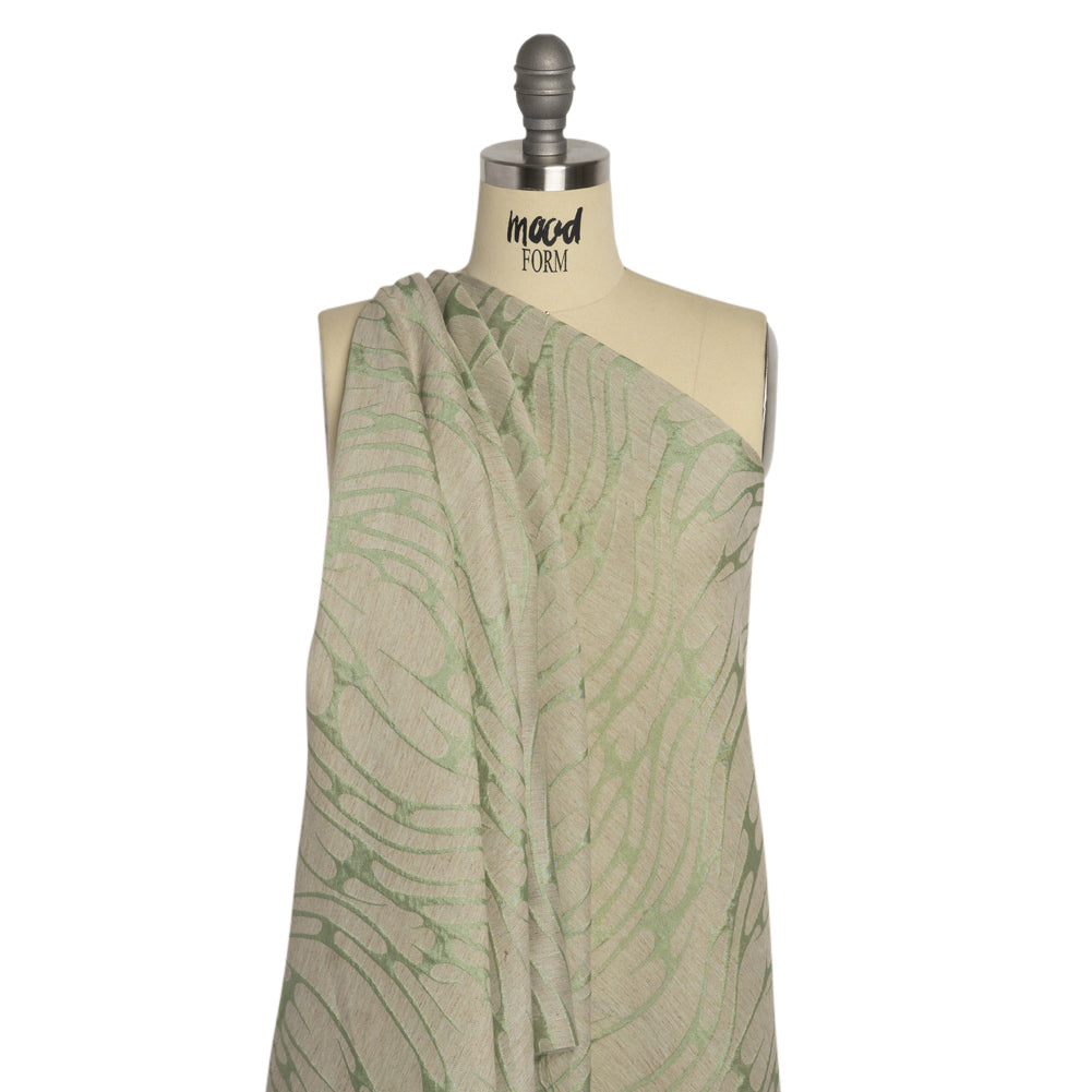 Luminous Sage Green and Heathered Beige Ripples Lightweight Polyester and Linen Brocade Drape