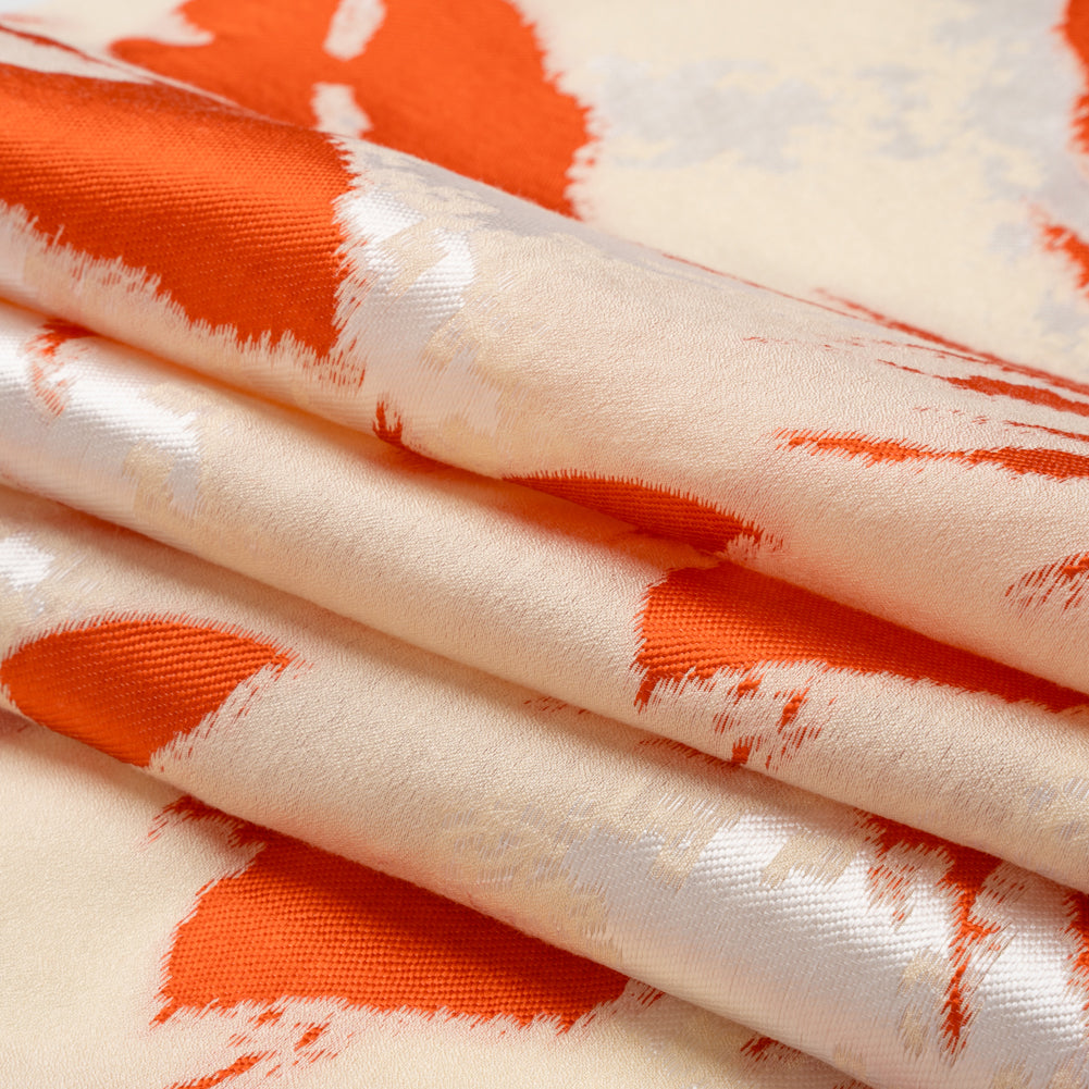 Red, White and Beige Soft Leaves Lightweight Polyester and Viscose Luxury Brocade - Folded