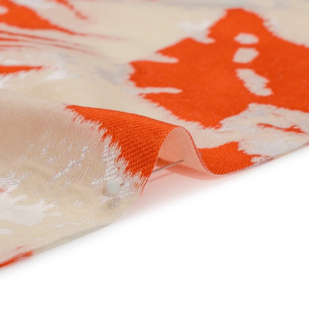 Red, White and Beige Soft Leaves Lightweight Polyester and Viscose Luxury Brocade - Detail