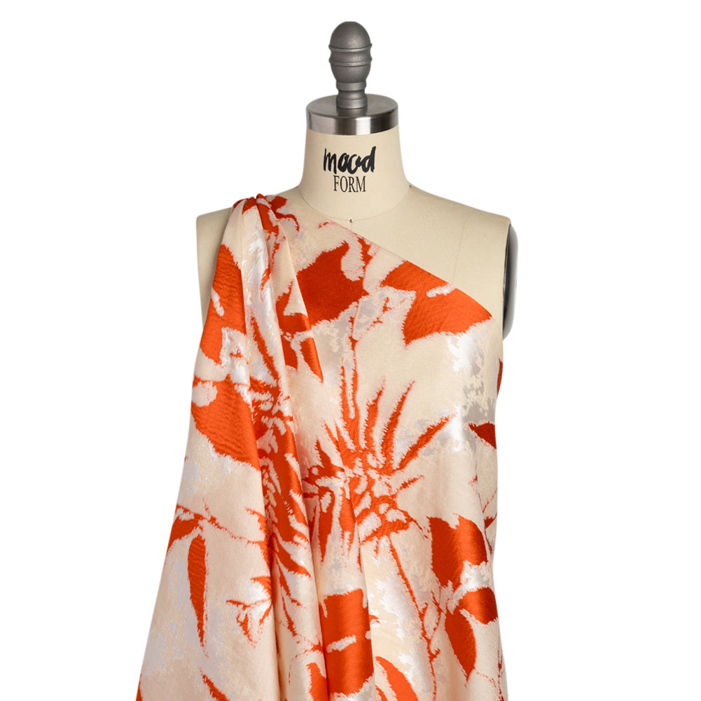 Red, White and Beige Soft Leaves Lightweight Polyester and Viscose Luxury Brocade - Drape