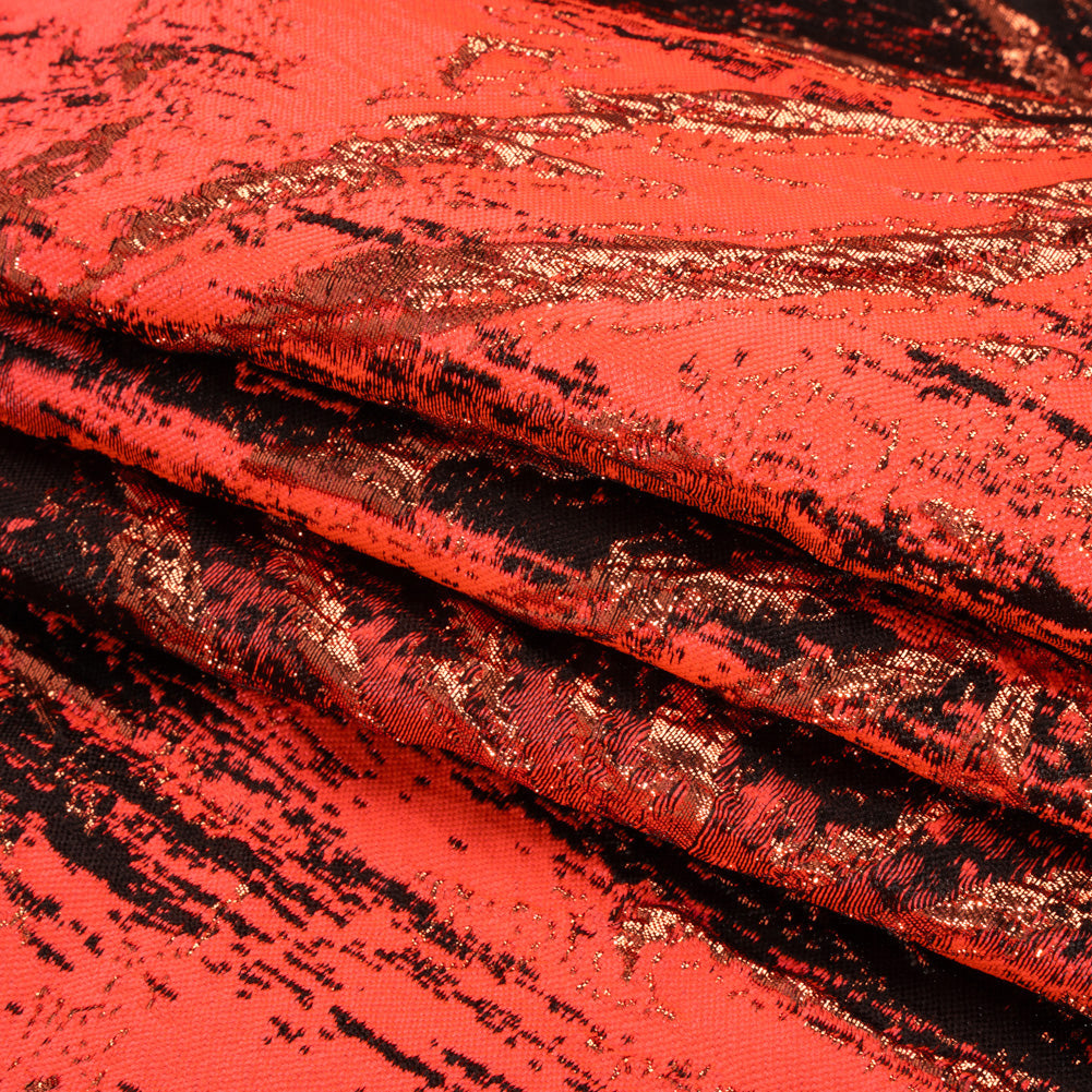 Metallic Copper, Neon Coral and Black Exploding Flowers and Brushstrokes Luxury Brocade