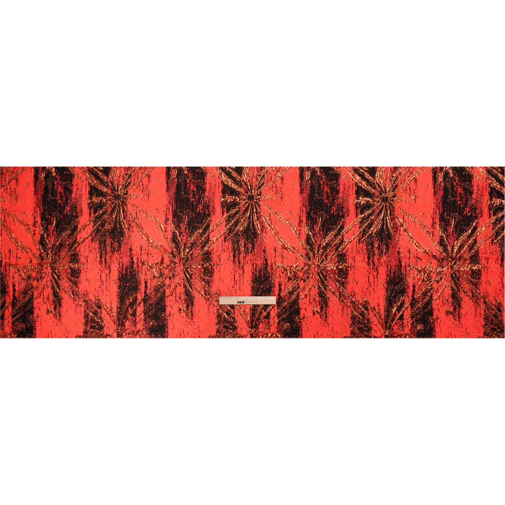 Metallic Copper, Neon Coral and Black Exploding Flowers and Brushstrokes Luxury Brocade
