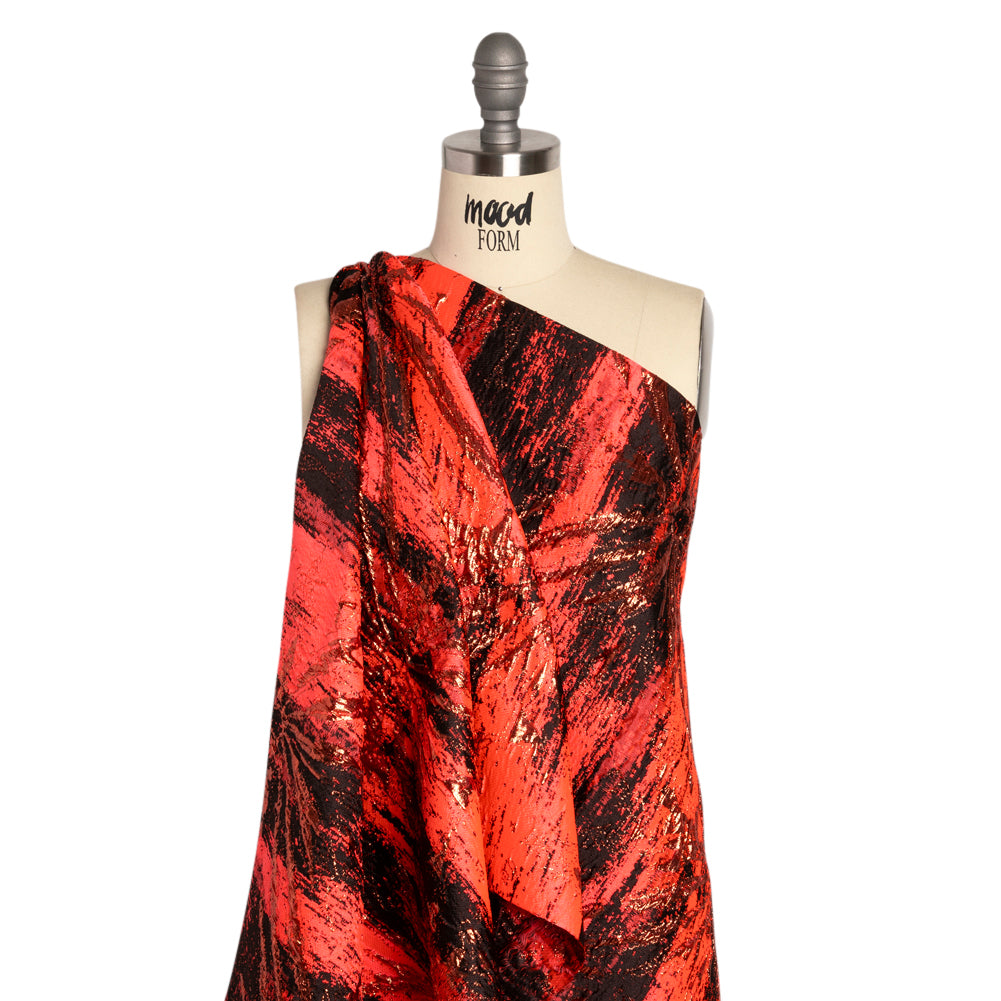 Metallic Copper, Neon Coral and Black Exploding Flowers and Brushstrokes Luxury Brocade