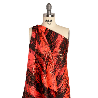 Metallic Copper, Neon Coral and Black Exploding Flowers and Brushstrokes Luxury Brocade
