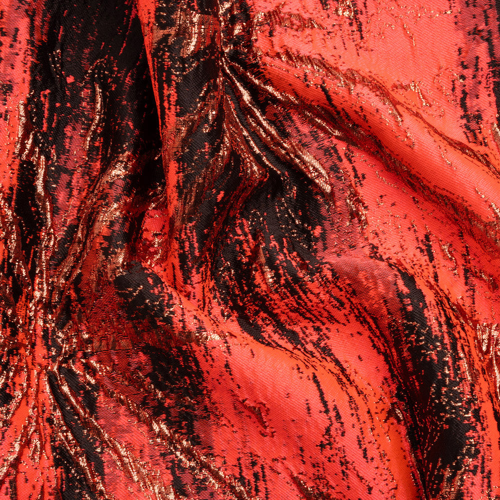 Metallic Copper, Neon Coral and Black Exploding Flowers and Brushstrokes Luxury Brocade