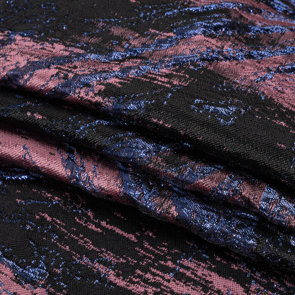 Metallic Midnight, Dark Mauve and Black Exploding Flowers and Brushstrokes Luxury Brocade - Folded