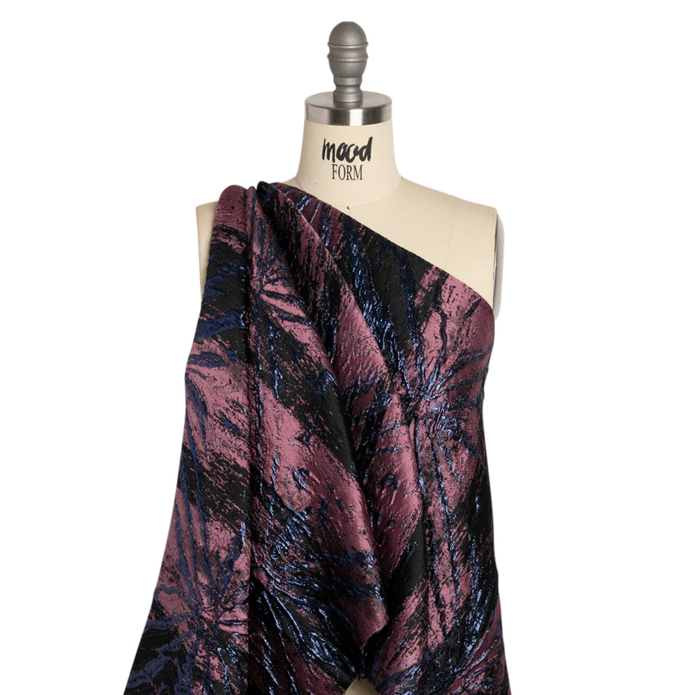 Metallic Midnight, Dark Mauve and Black Exploding Flowers and Brushstrokes Luxury Brocade - Drape