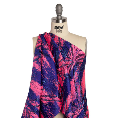 Metallic Blue, Royal and Hot Pink Exploding Flowers and Brushstrokes Luxury Brocade