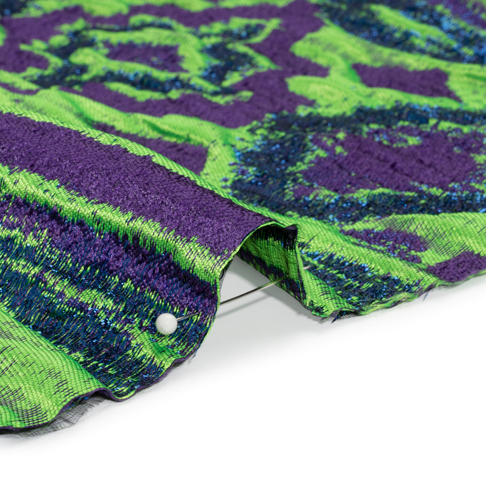 Metallic Blue, Green and Purple Inkblot Stripes Luxury Brocade - Detail