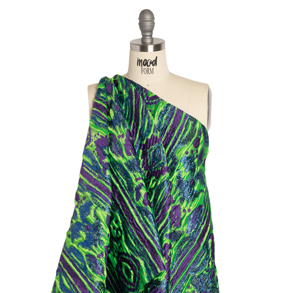 Metallic Blue, Green and Purple Inkblot Stripes Luxury Brocade - Drape