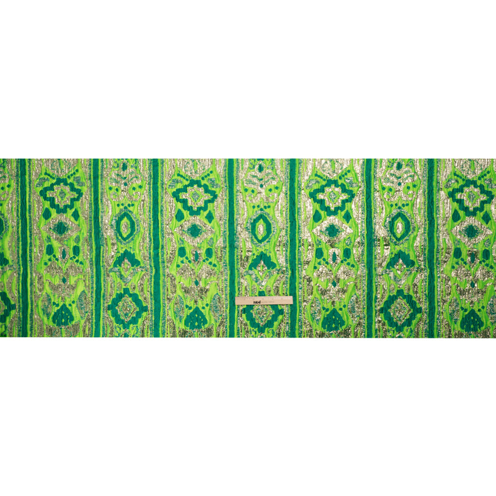 Metallic Gold, Lime and Teal Inkblot Stripes Luxury Brocade
