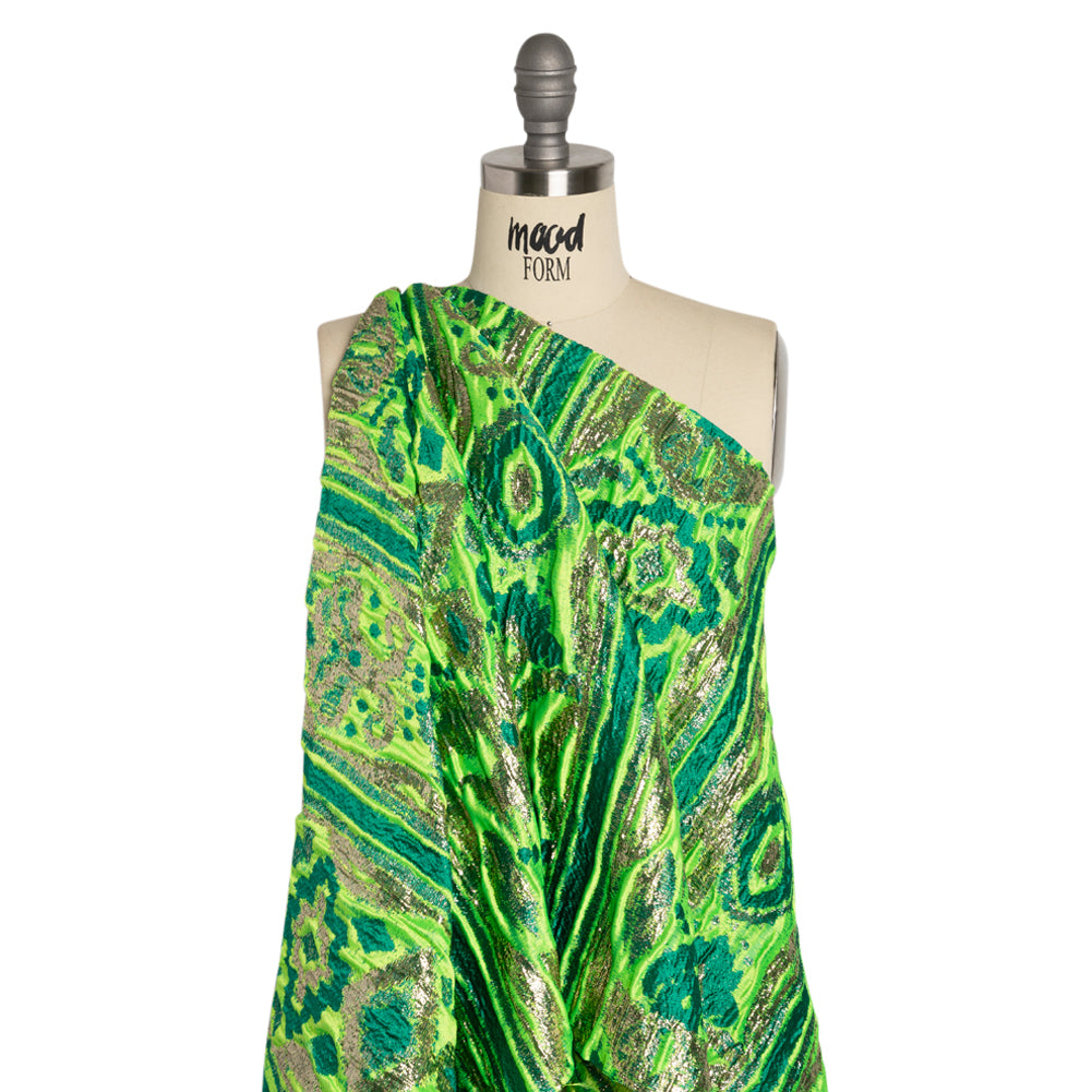 Metallic Gold, Lime and Teal Inkblot Stripes Luxury Brocade