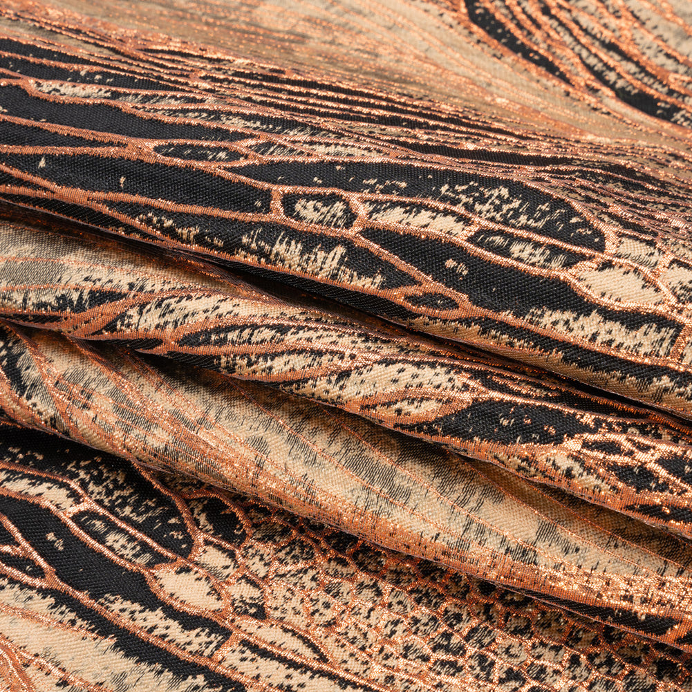 Metallic Copper, Beige and Black Organic Abstractions Luxury Brocade - Folded