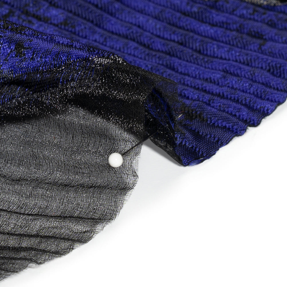 Metallic Black and Bright Navy Abstract Formations Ribbed Burnout Luxury Brocade - Detail