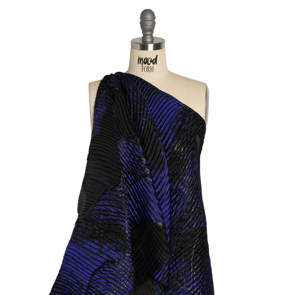 Metallic Black and Bright Navy Abstract Formations Ribbed Burnout Luxury Brocade - Drape