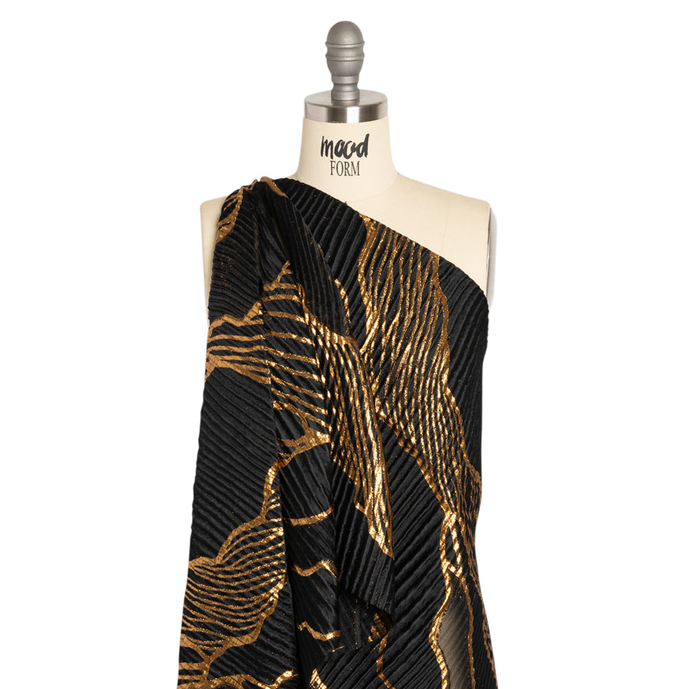 Metallic Gold and Black Abstract Formations Ribbed Burnout Luxury Brocade - Drape