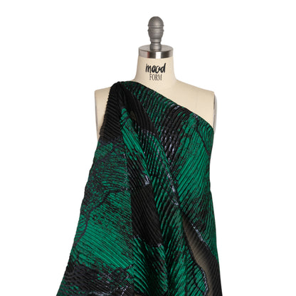 Metallic Black and Green Abstract Formations Ribbed Burnout Luxury Brocade