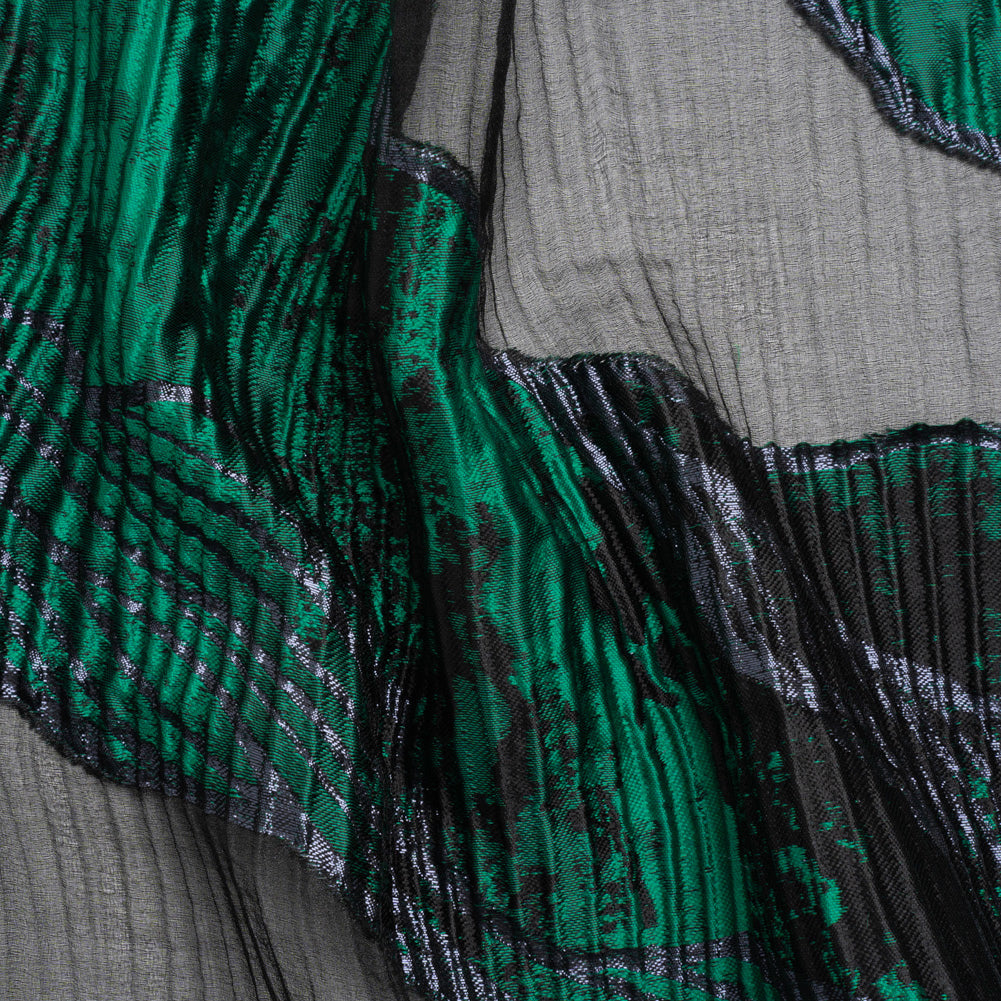 Metallic Black and Green Abstract Formations Ribbed Burnout Luxury Brocade