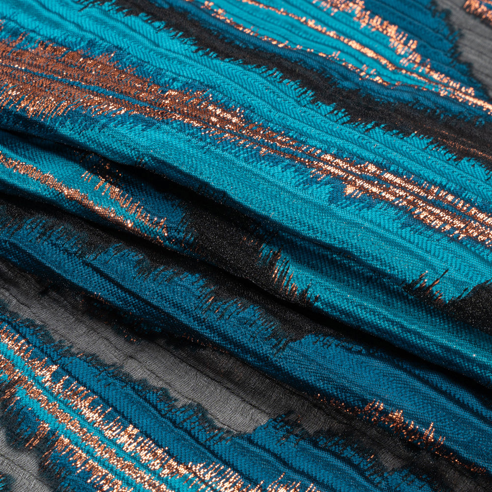 Metallic Copper, Teal and Black Abstract Islands Ribbed Burnout Luxury Brocade