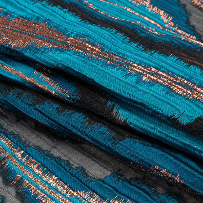 Metallic Copper, Teal and Black Abstract Islands Ribbed Burnout Luxury Brocade