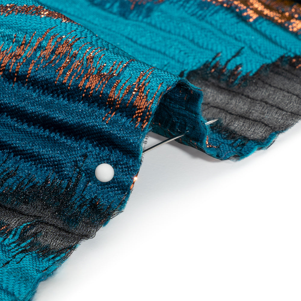Metallic Copper, Teal and Black Abstract Islands Ribbed Burnout Luxury Brocade