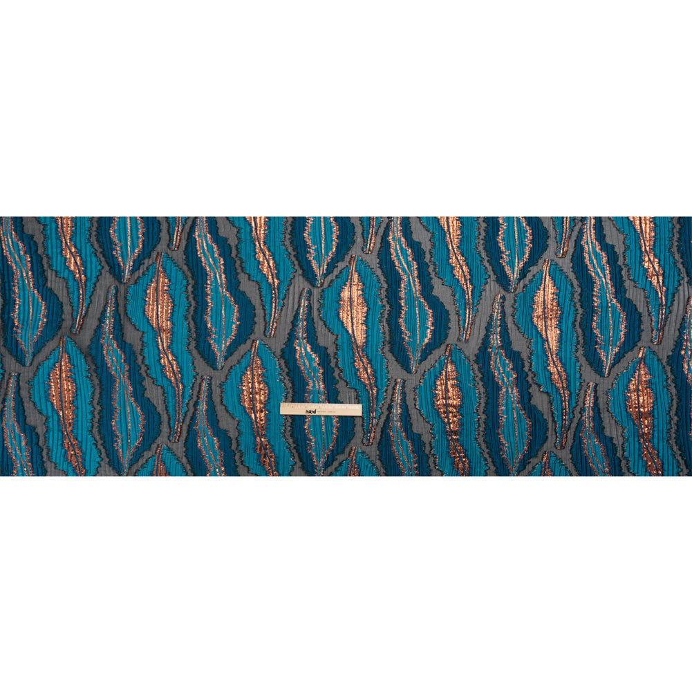 Metallic Copper, Teal and Black Abstract Islands Ribbed Burnout Luxury Brocade