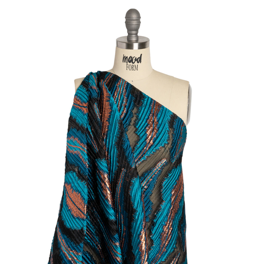 Metallic Copper, Teal and Black Abstract Islands Ribbed Burnout Luxury Brocade