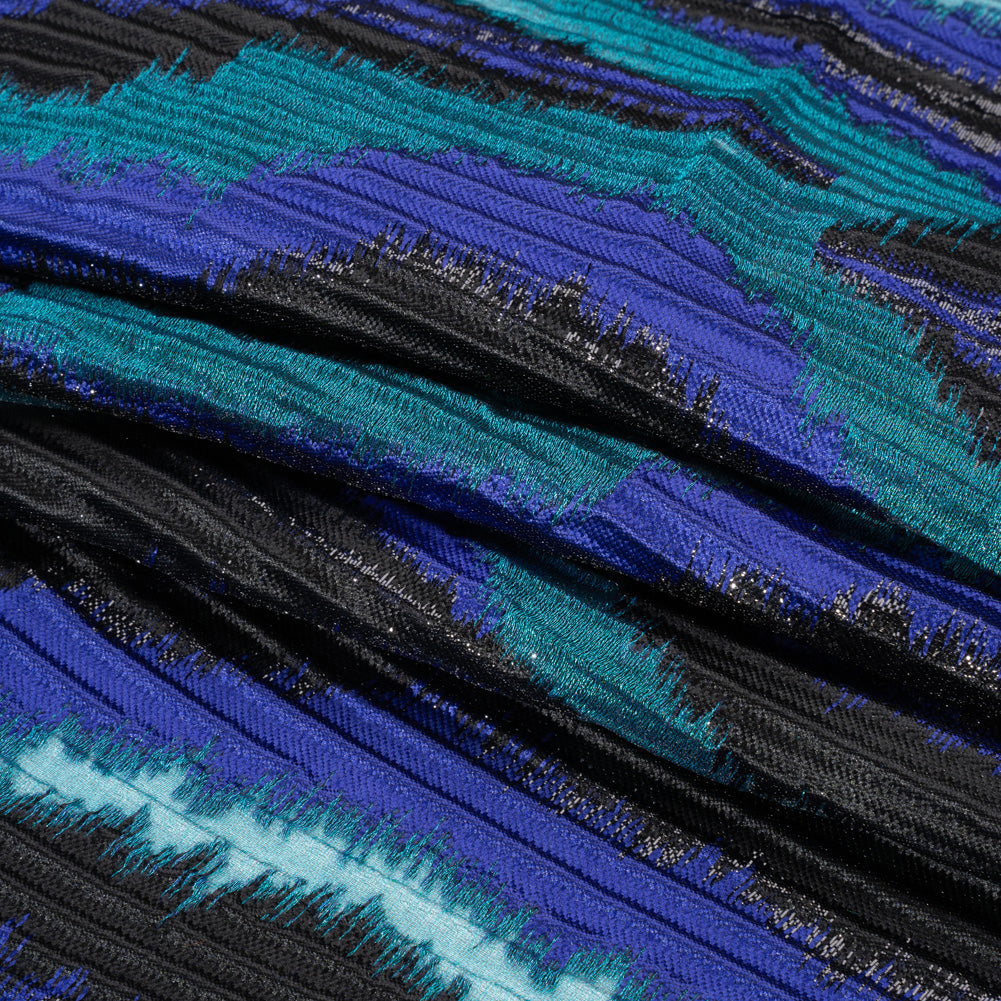 Metallic Black, Royal and Teal Abstract Islands Ribbed Burnout Luxury Brocade - Folded