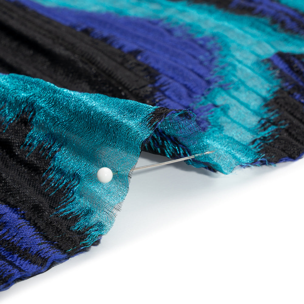 Metallic Black, Royal and Teal Abstract Islands Ribbed Burnout Luxury Brocade - Detail