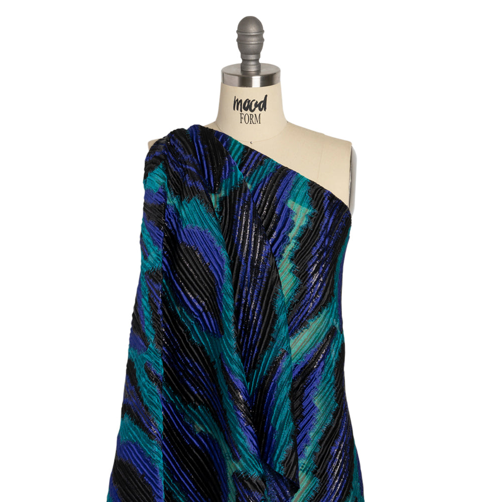 Metallic Black, Royal and Teal Abstract Islands Ribbed Burnout Luxury Brocade - Drape