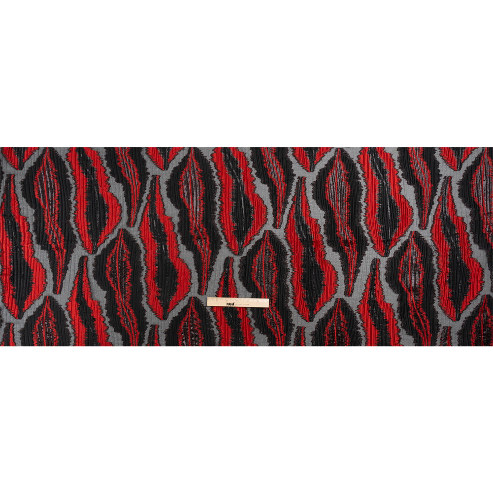 Metallic Black and Red Abstract Islands Ribbed Burnout Luxury Brocade
