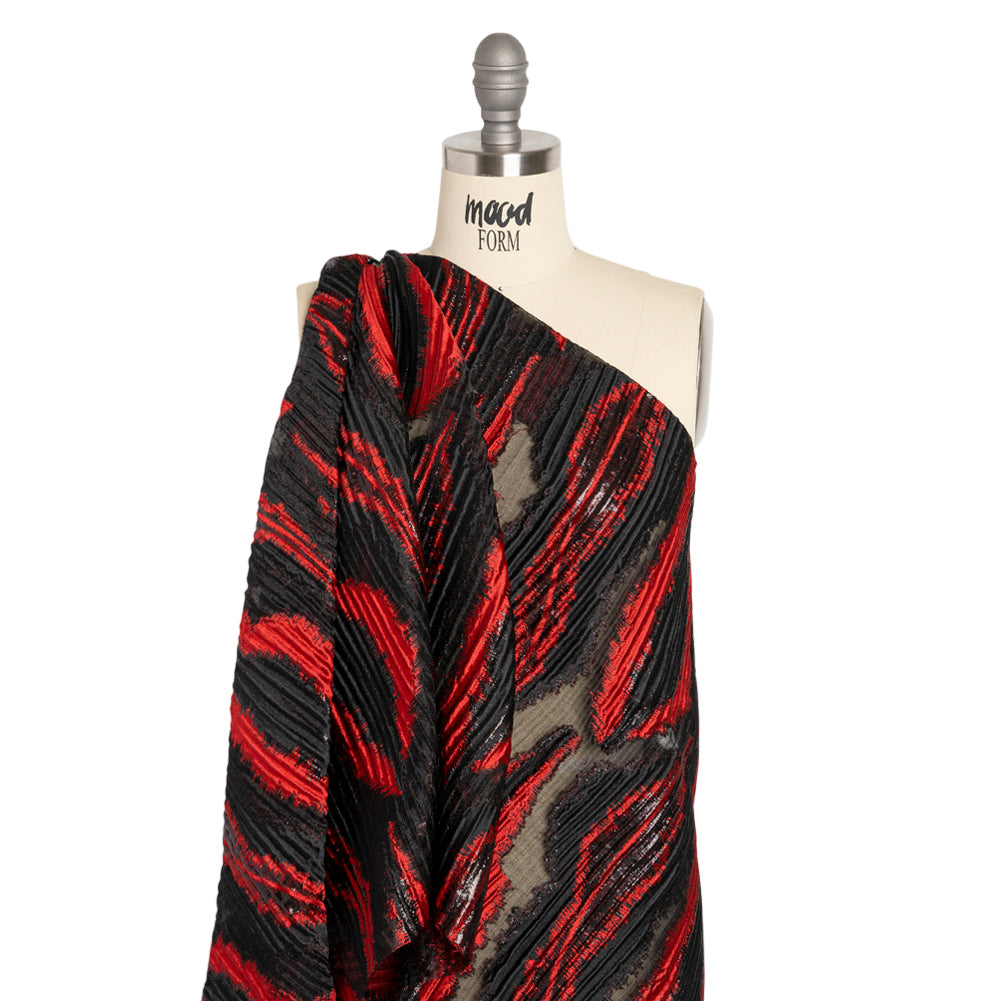 Metallic Black and Red Abstract Islands Ribbed Burnout Luxury Brocade