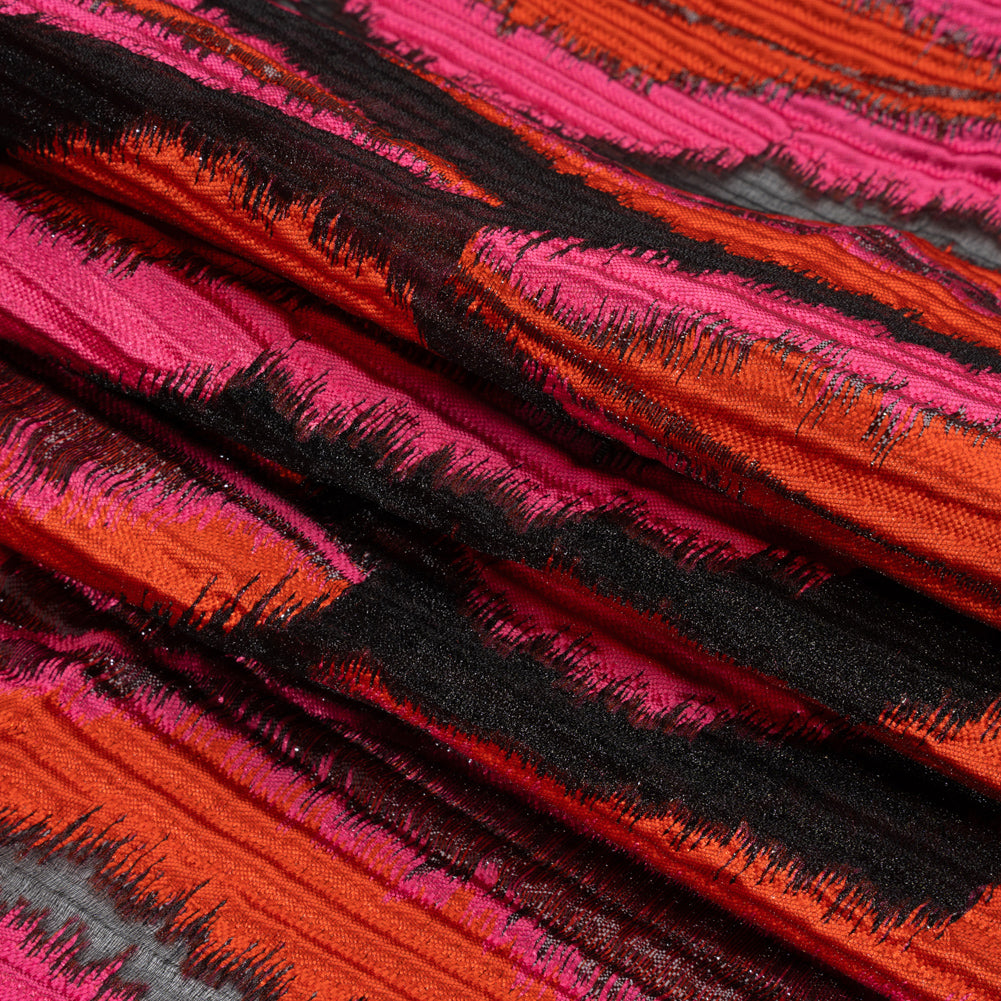 Metallic Red, Pink and Black Abstract Islands Ribbed Burnout Luxury Brocade - Folded