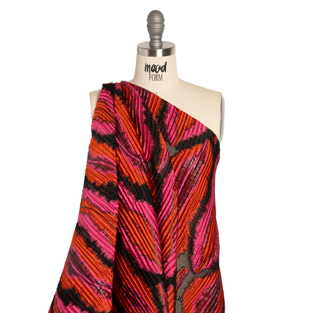 Metallic Red, Pink and Black Abstract Islands Ribbed Burnout Luxury Brocade - Drape